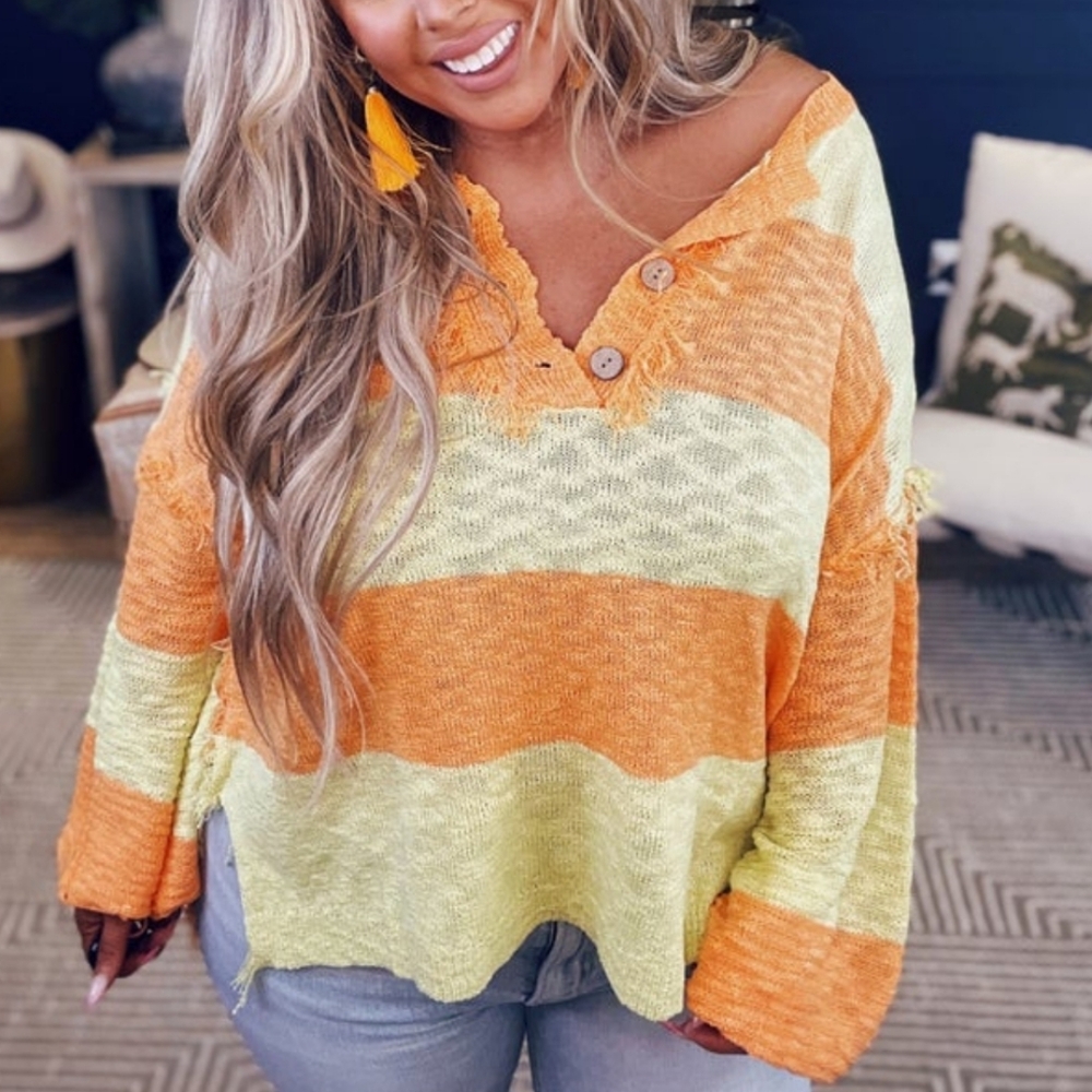 Casual Striped Orange & Cream Knit V-Neck Top
